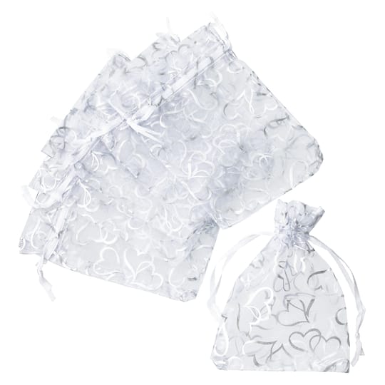 Silver Double Heart Organza Favor Bags by Celebrate It&#x2122; Occasions&#x2122;, 12ct. 